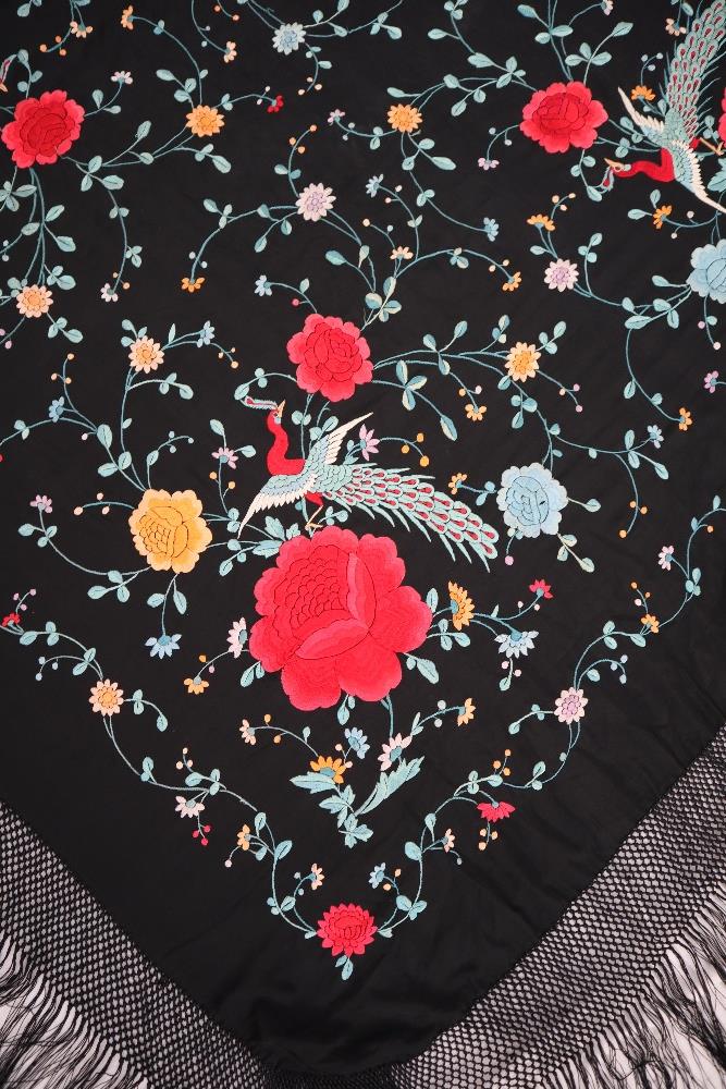 A silk piano shawl, the black ground profusely embroidered with peacocks, - Image 9 of 16