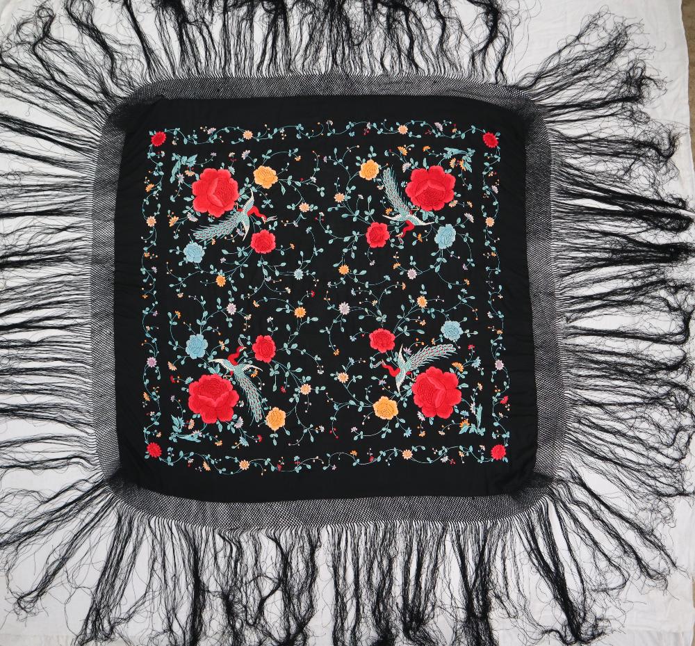 A silk piano shawl, the black ground profusely embroidered with peacocks, - Image 8 of 16