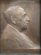 Bronze portrait plaque of Colonel R.E. Crompton, in profile, dated 1924, 26.