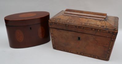 A 19th century mahogany tea caddy of oval form inlaid to the top and front with shells, 16.