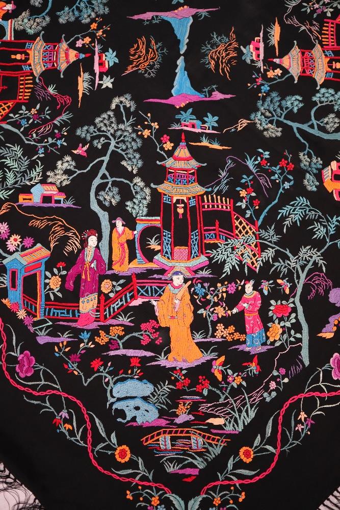 A black silk piano shawl with repeat hand embroidered design of figures in traditional dress - Image 9 of 9