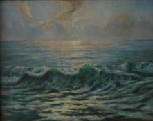 20th century British School A choppy sea with a boat in the distance Oil on canvas Initialled THW
