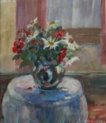 Leonard Beard Still life study of a vase of flowers on a table Oil on paper Signed 33 x 28.