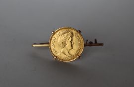 A 1912 5 Gulden Wilhelmina gold coin set into a yellow metal bar brooch, overall approximately 5.