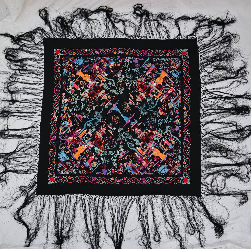 A black silk piano shawl with repeat hand embroidered design of figures in traditional dress - Image 8 of 9