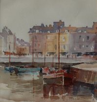 Des Hawkins Le Quai Sainte Catherine, Honfleur Watercolour Signed and label verso 24.5 x 23.