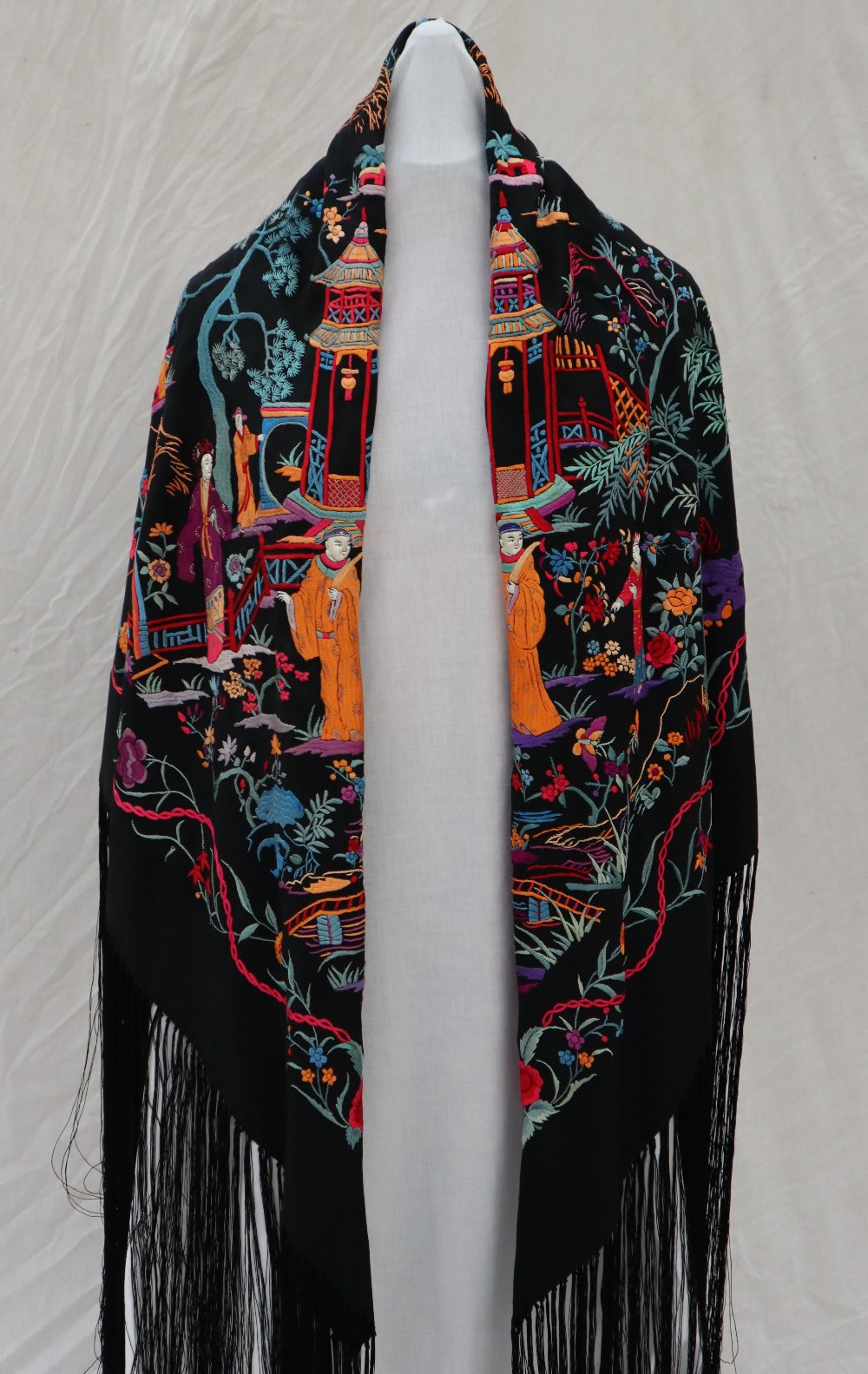 A black silk piano shawl with repeat hand embroidered design of figures in traditional dress - Image 3 of 9