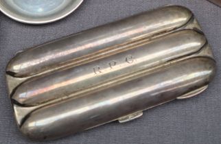 A George VI silver three division cigar case, initialled "R.P.C.