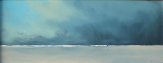 Lawrence Coulson Weather the storm Oil on board Signed 19 x 49.