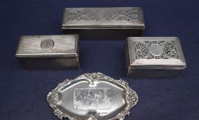 A pair of George III silver dressing table pots with a pierced top initialled, London, 1823,