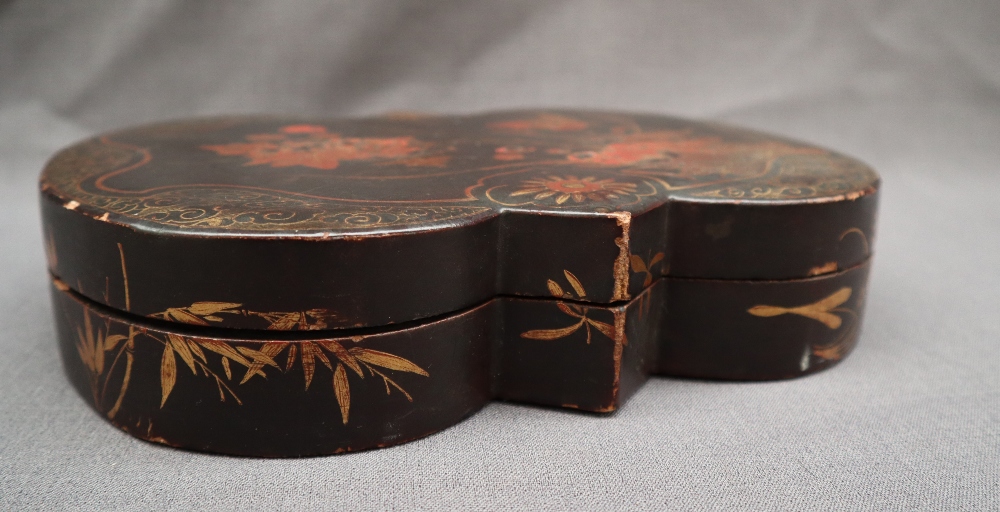 A Japanese black lacquer papier mache box and cover of lobed fall decorated with birds, - Image 7 of 7