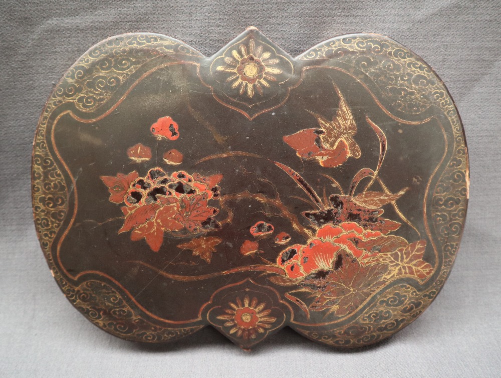 A Japanese black lacquer papier mache box and cover of lobed fall decorated with birds, - Image 2 of 7