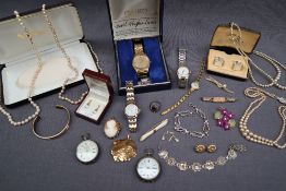 A gentleman's Seiko wristwatch together with other wristwatches, faux pearls, brooches,