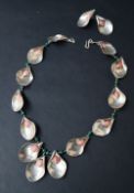 A Sterling silver necklace and earrings set, of tear drop form hardstone set with malacite beads,