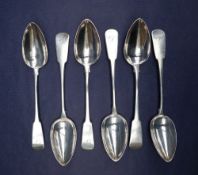 Scottish silver - a set of six Victorian fiddle pattern dessert spoons, Edinburgh, 1842,
