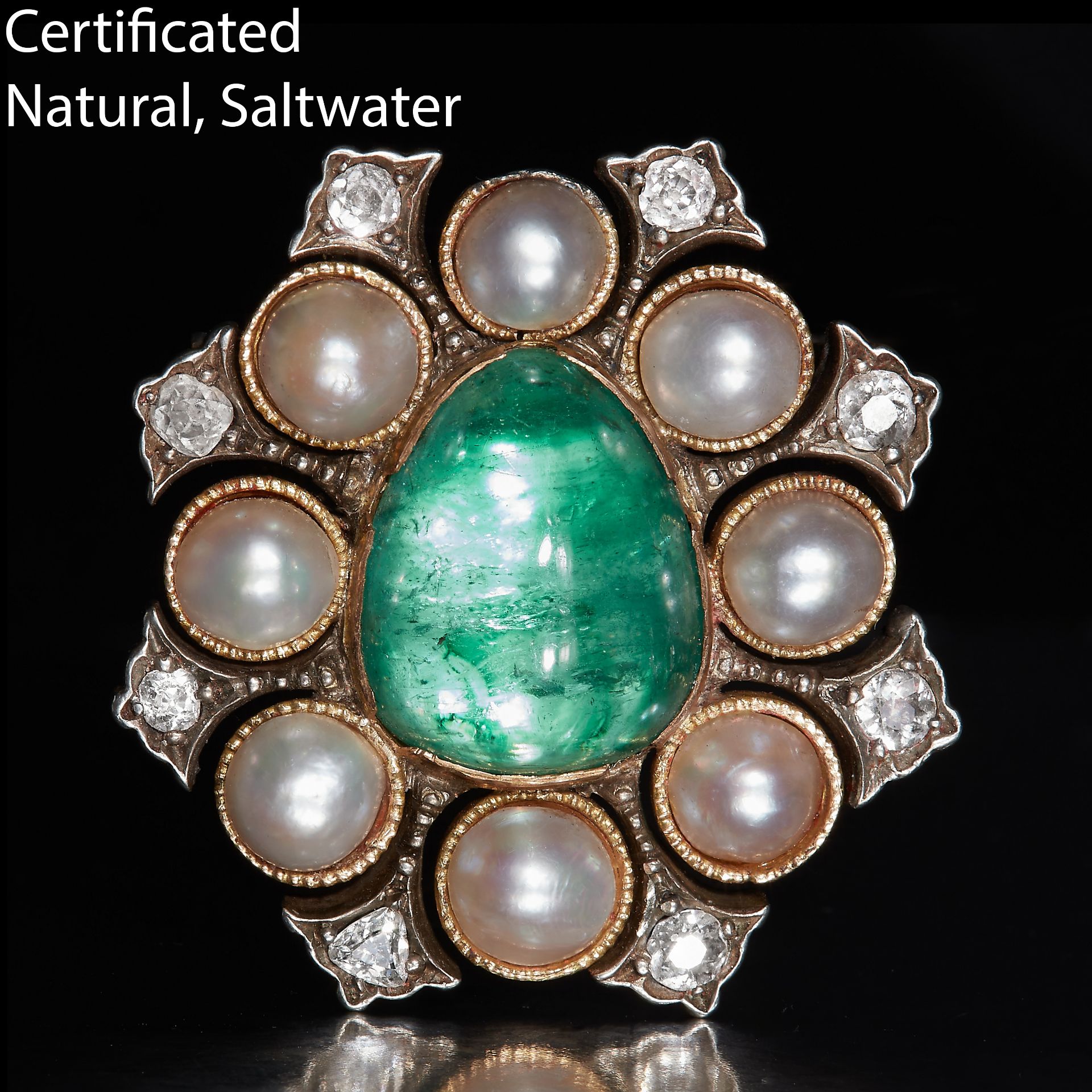 CERTIFICATED NATURAL SALTWATER PEARL, EMERALD AND DIAMOND BROOCH