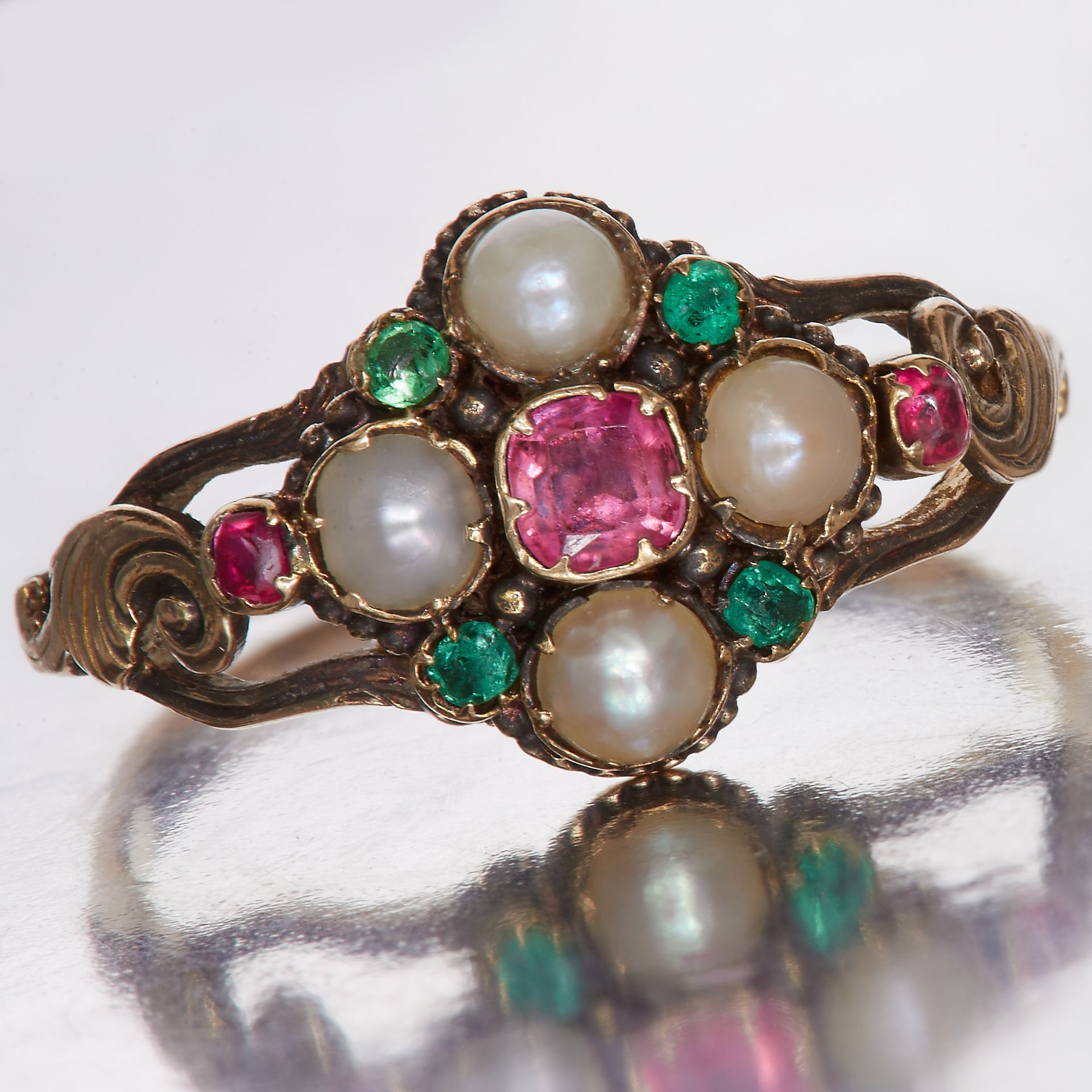 VICTORIAN GOLD RUBY, EMERALD AND PEARL RING