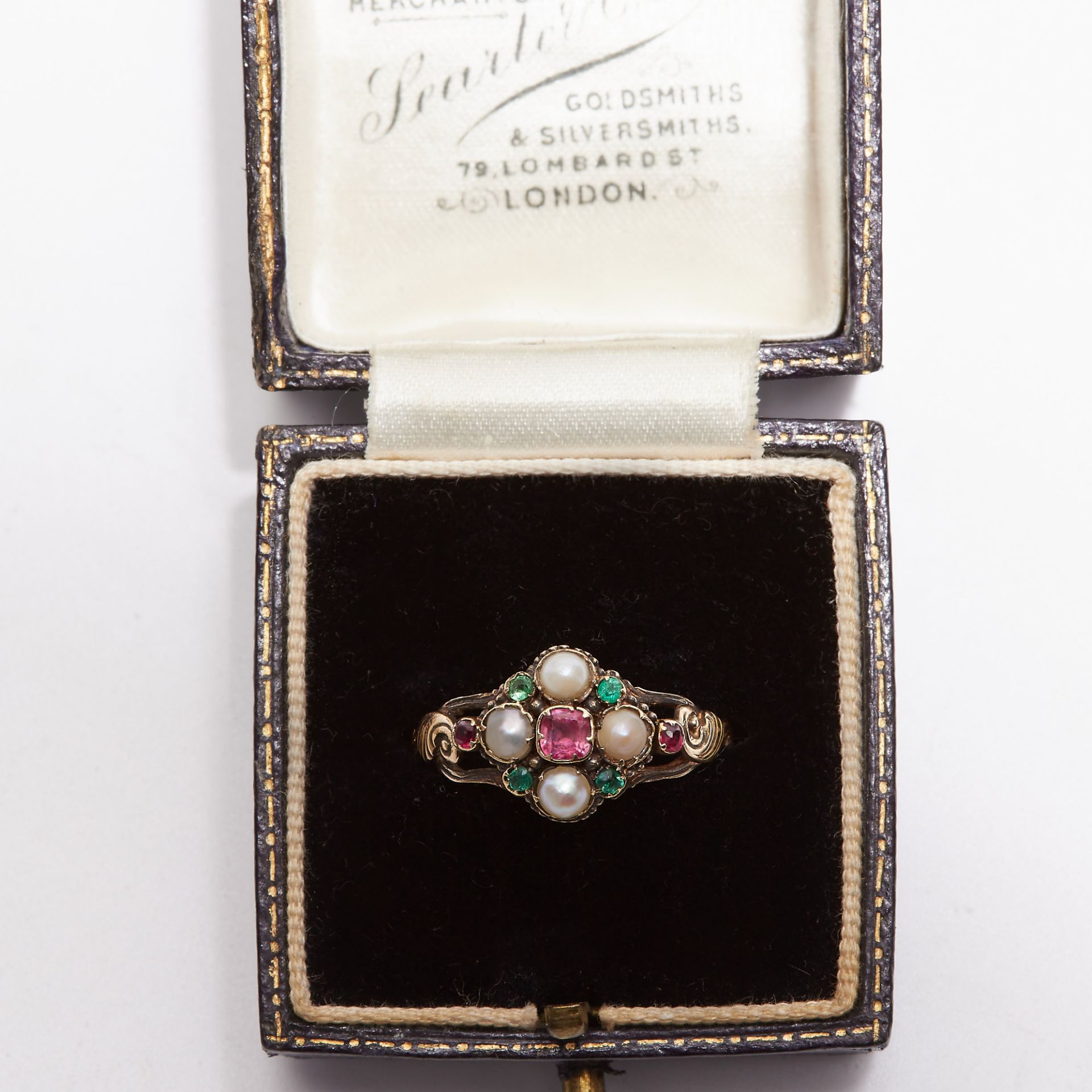 VICTORIAN GOLD RUBY, EMERALD AND PEARL RING - Image 2 of 2