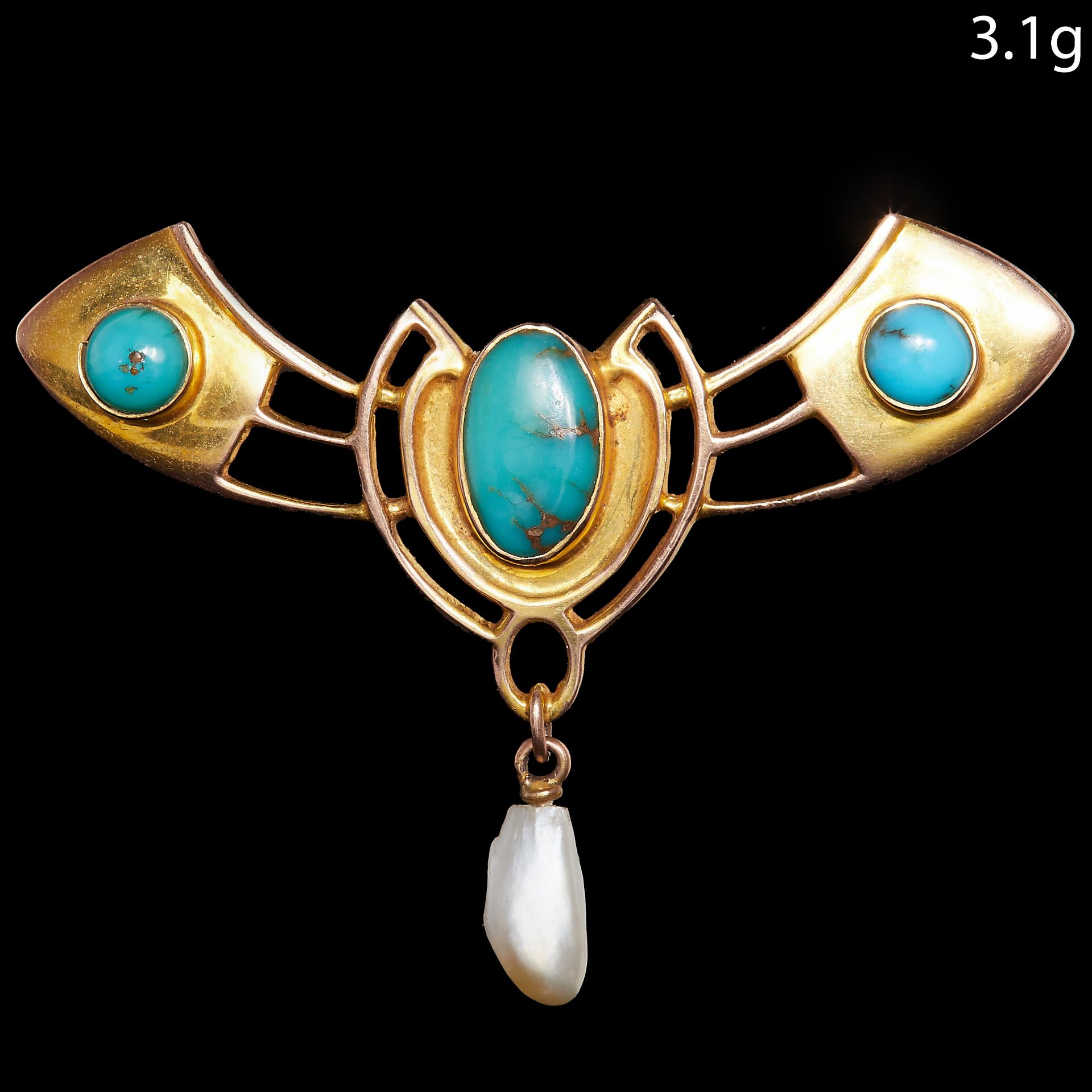 AN ARTS AND CRAFT TURQUOISE AND PEARL BROOCH