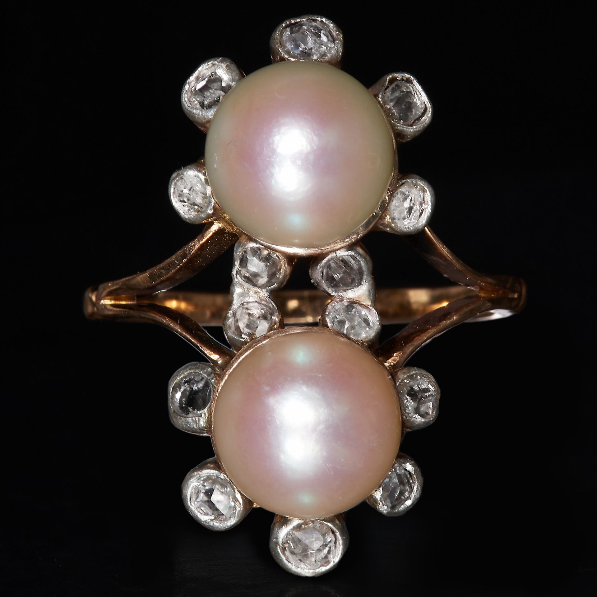 PEARL AND DIAMOND DOUBLE CLUSTER RING