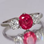 CERTIFICATED BURMA RUBY AND DIAMOND 3-STONE RING