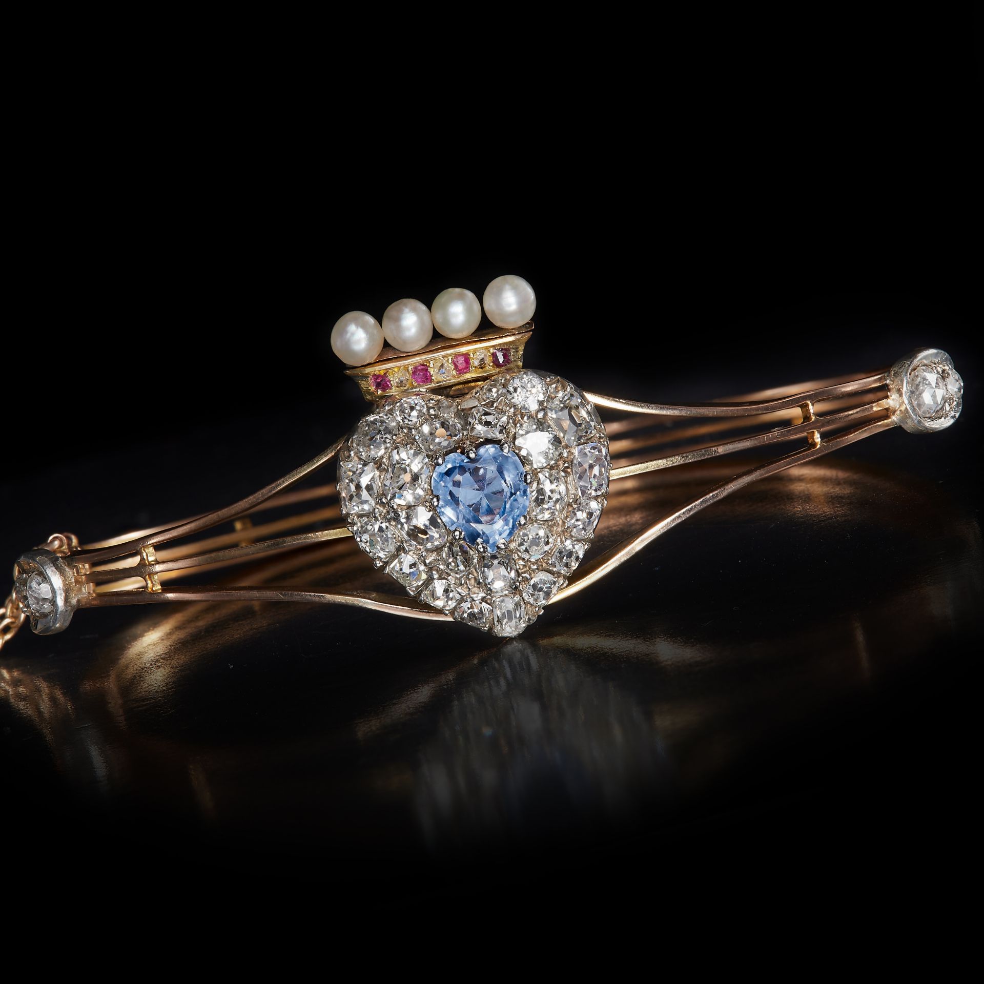 VICTORIAN SAPPHIRE DIAMOND AND PEARL HINGED BANGLE