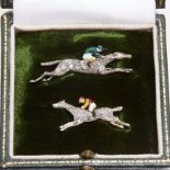 PAIR OF EDWARDIAN ENAMEL AND DIAMOND JOCKEY BROOCHES