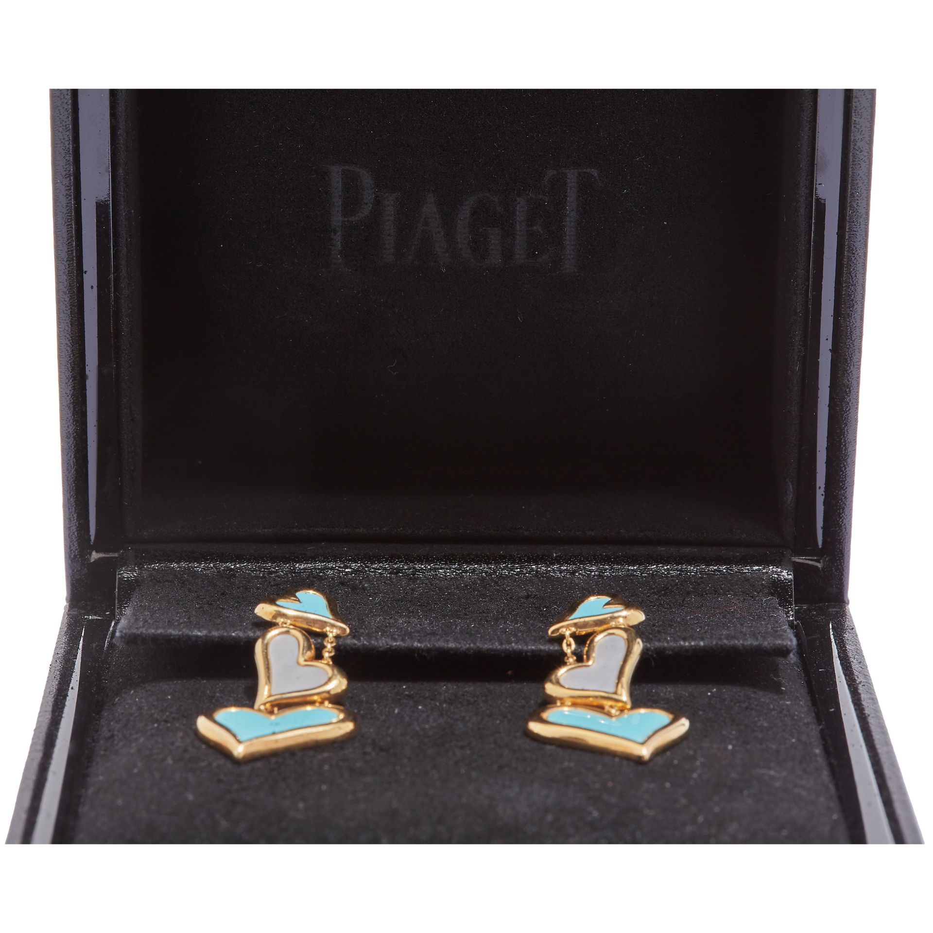 PIAGET, PAIR OF TURQUOISE AND MOTHER OF PEARL HEART DROP EARRINGS - Image 3 of 4