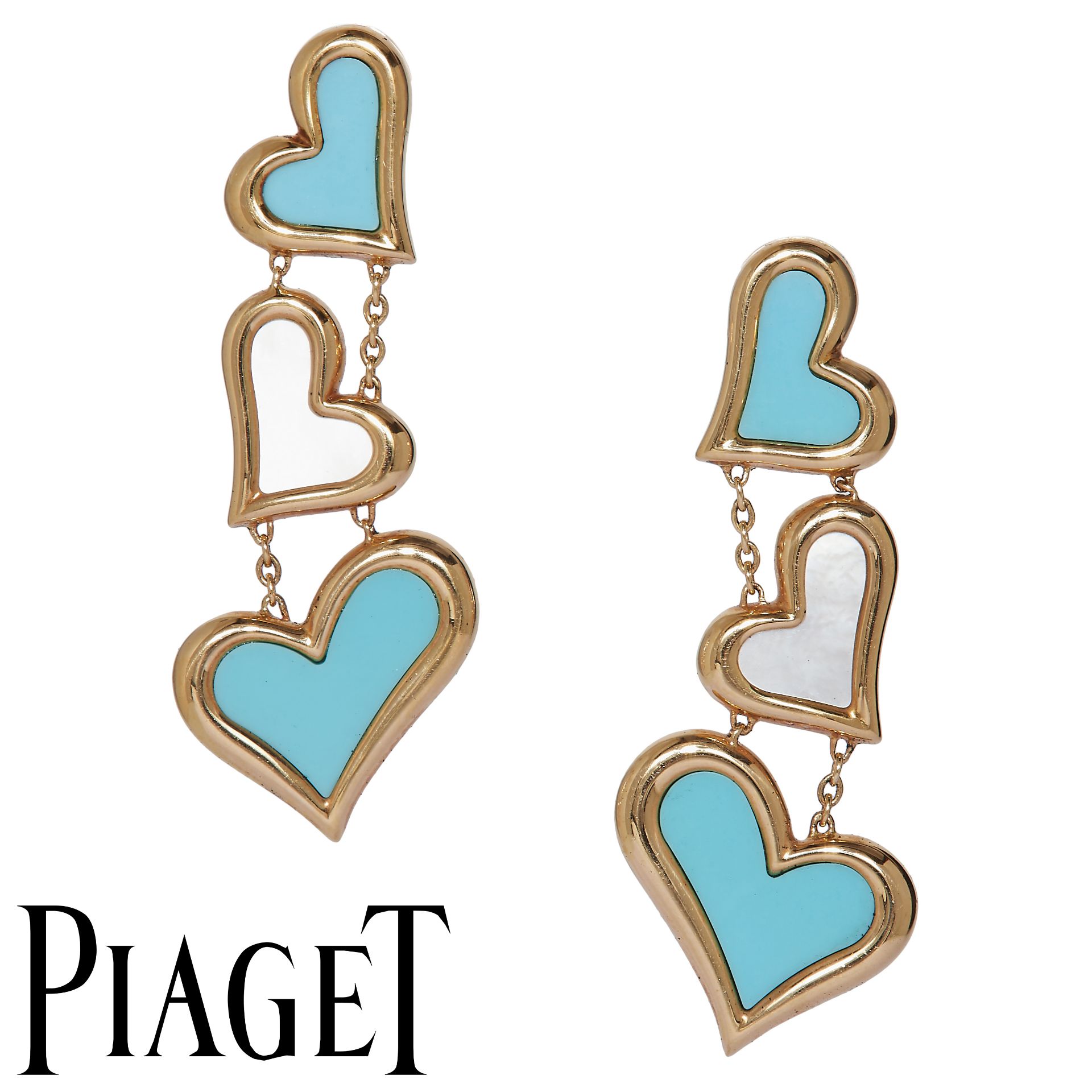 PIAGET, PAIR OF TURQUOISE AND MOTHER OF PEARL HEART DROP EARRINGS