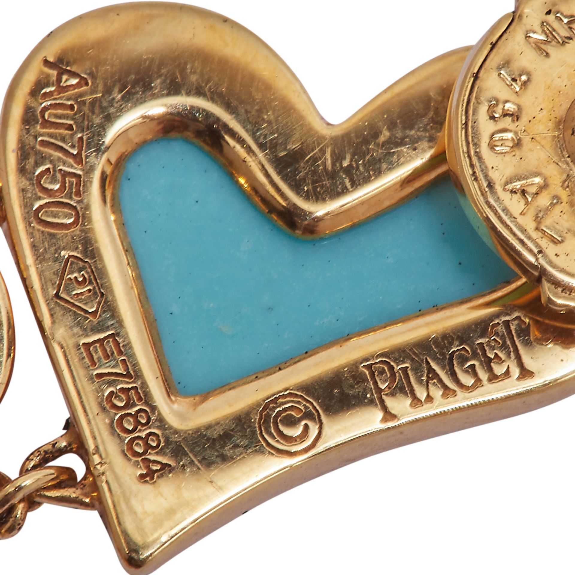PIAGET, PAIR OF TURQUOISE AND MOTHER OF PEARL HEART DROP EARRINGS - Image 2 of 4