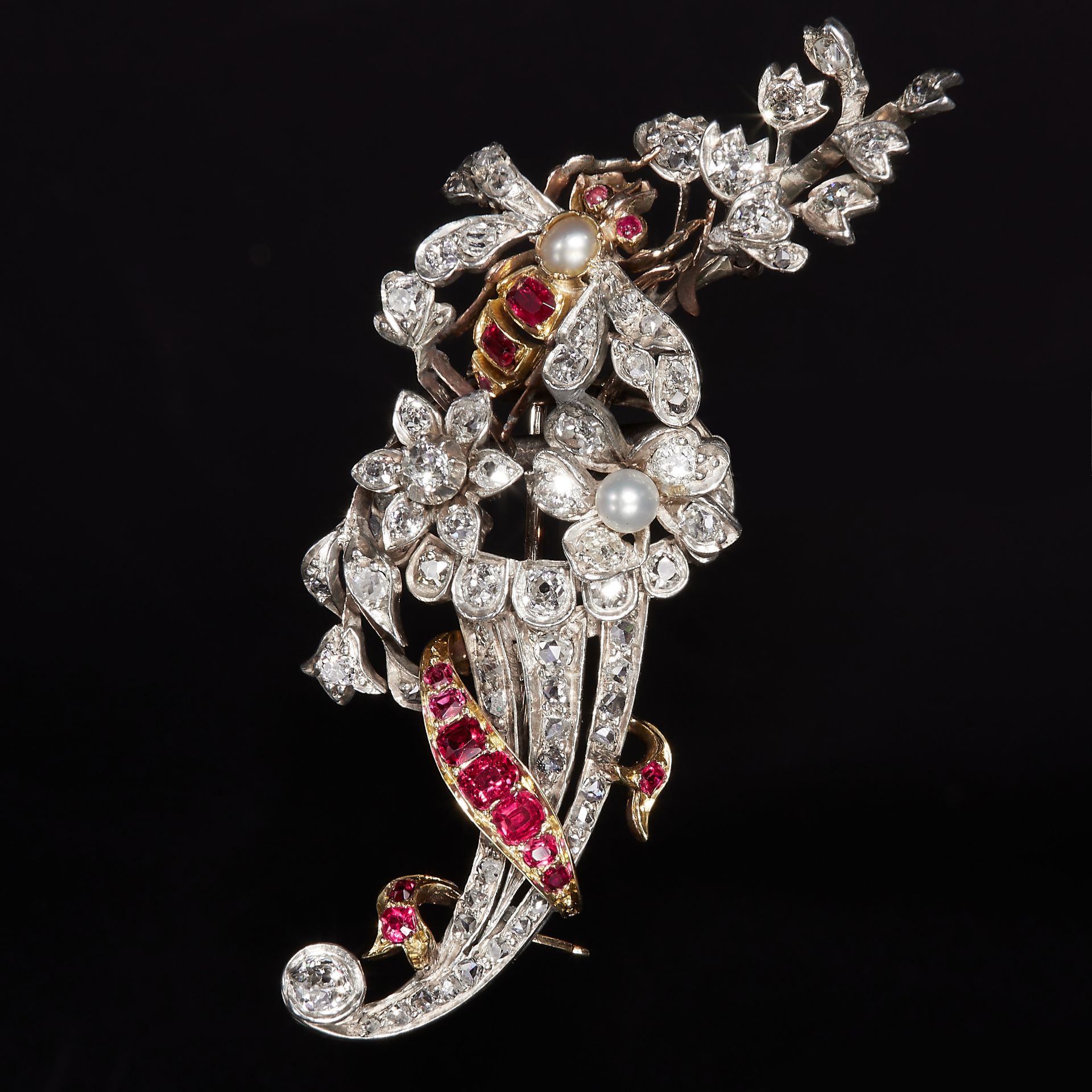 BEAUTIFUL ANTIQUE RUBY DIAMOND AND PEARL CORNUCOPIA SPRAY BROOCH WITH FLY