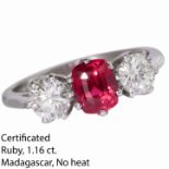 CERTIFICATED RUBY AND DIAMOND 3-STONE RING