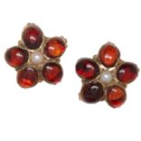 PAIR OF GARNET AND PEARL CLUSTER EARRINGS