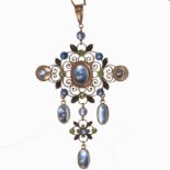 LIBERTY & CO (Attributed), IMPRESSIVE ARTS & CRAFTS MOONSTONE, SAPPHIRE AND DEMANTOID GARNET PENDANT