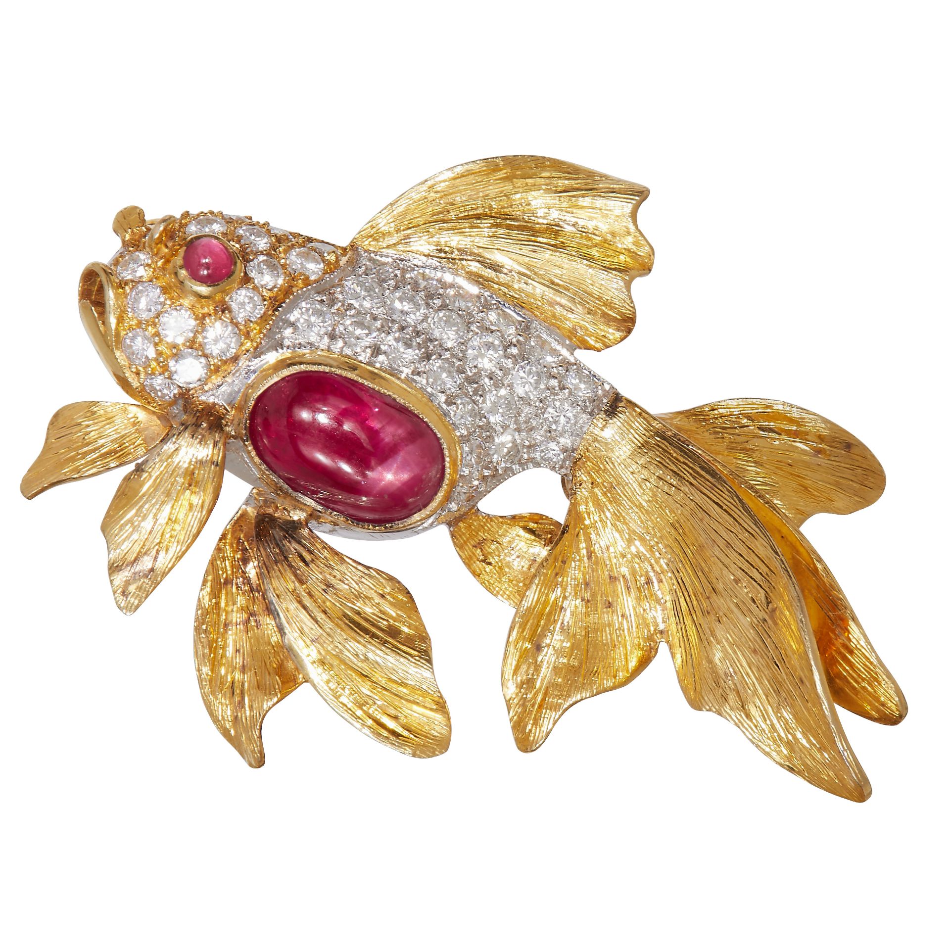 RUBY AND DIAMOND SET FISH BROOCH