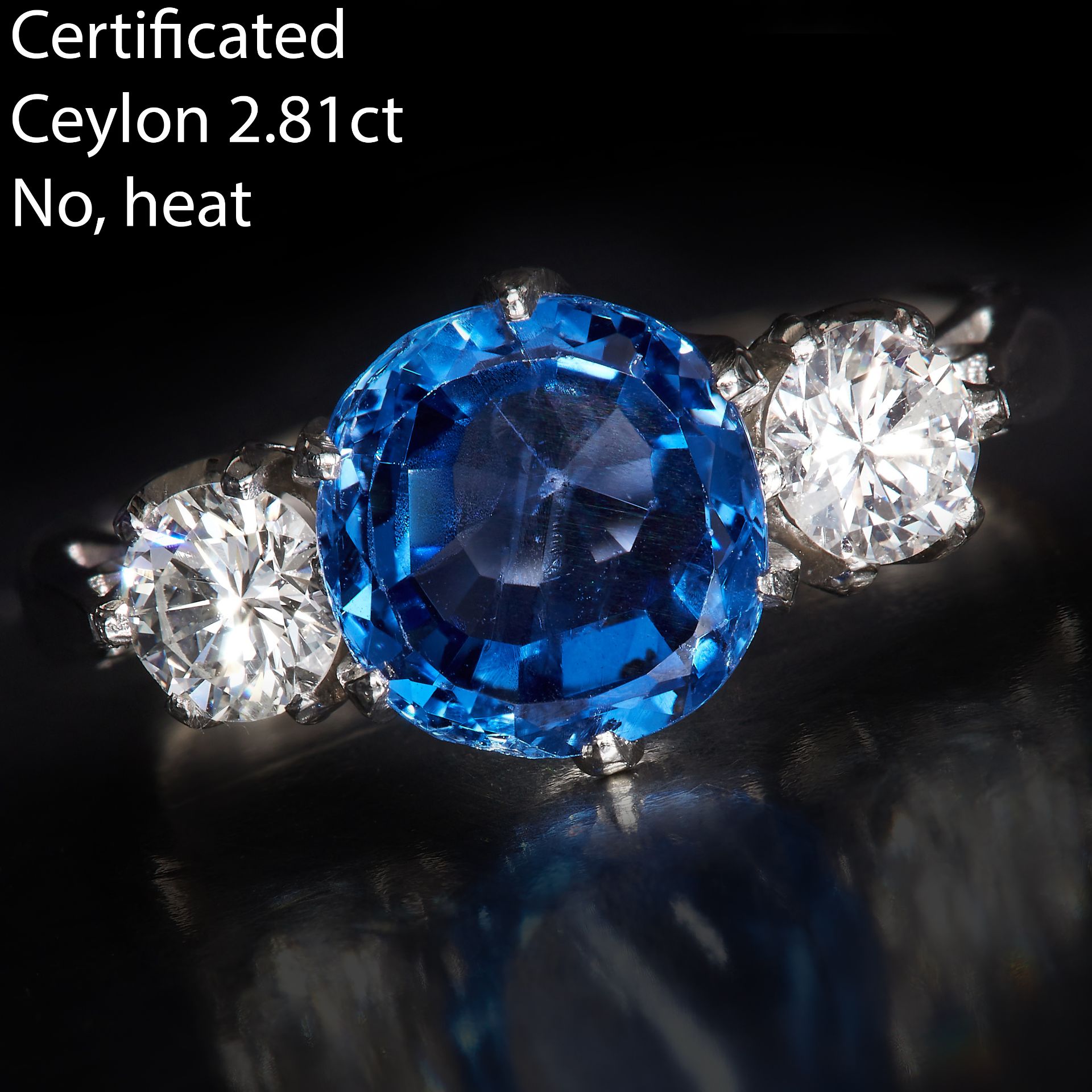 CERTIFICATED 2.81 CT. CEYLON SAPPHIRE AND DIAMOND 3-STONE RING