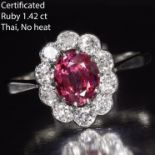 CERTIFICATED 1.42 CT. RUBY AND DIAMOND CLUSTER RING