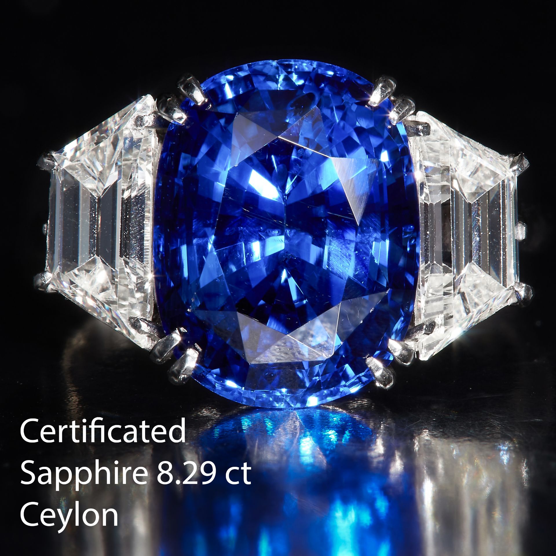 MAGNIFICENT CERTIFICATED SAPPHIRE AND DIAMOND THREE STONE RING