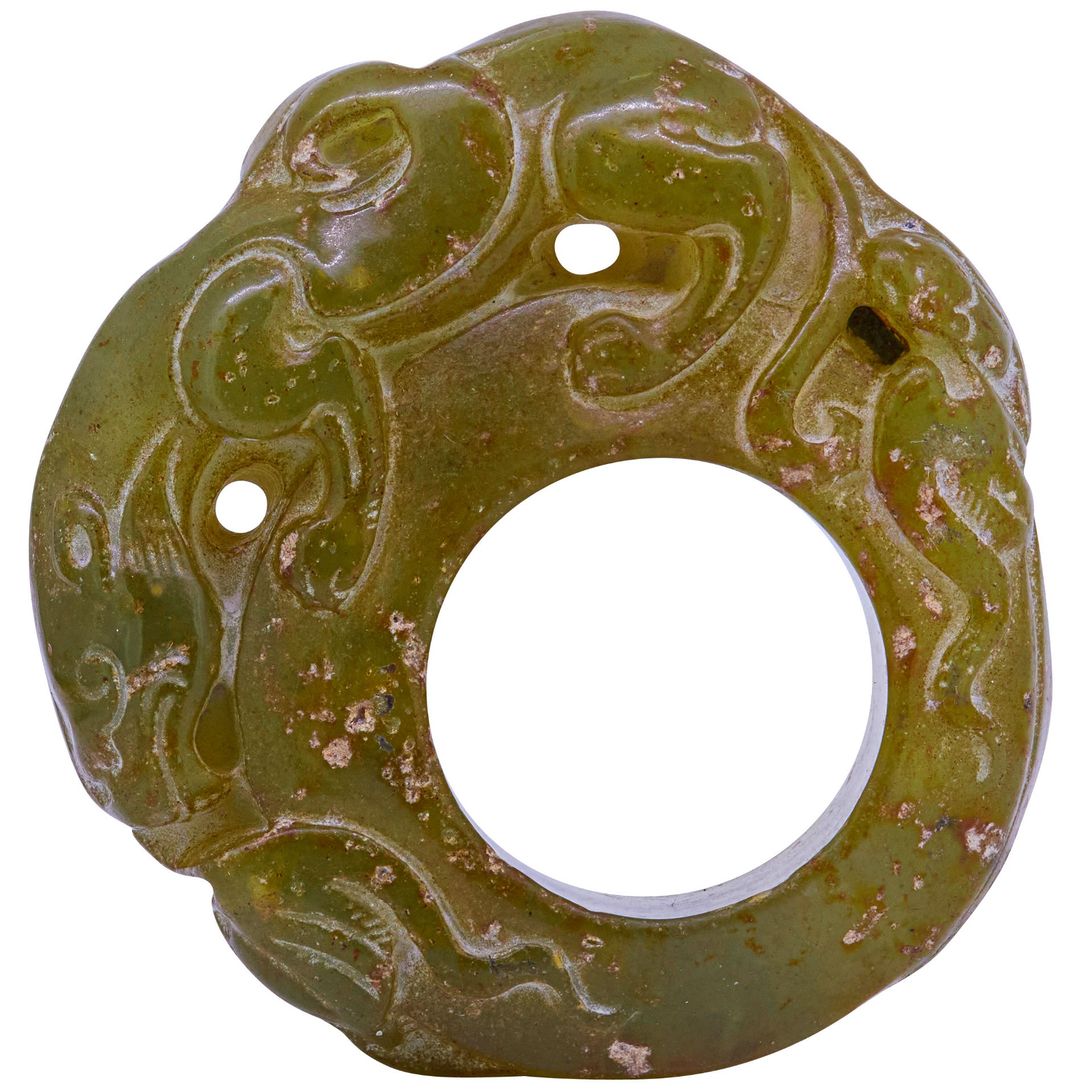 CHINESE CARVED CEREMONIAL OLIVE GREEN JADE /HARDSTONE RING