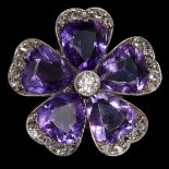 ANTIQUE AMETHYST AND DIAMOND FLORAL BROOCH