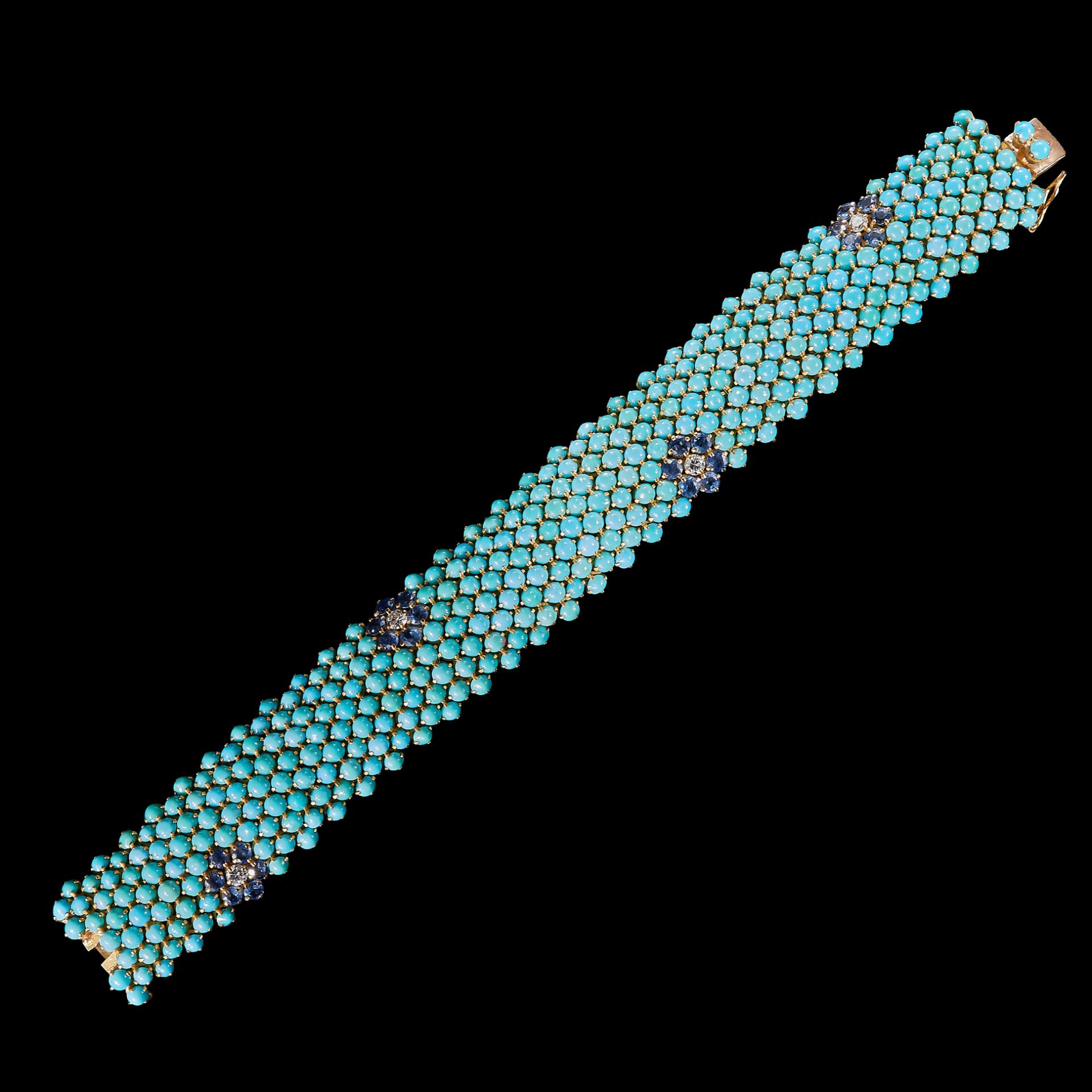 STUNNING AND ATTRACTIVE RETRO TURQUOISE SAPPHIRE AND DIAMOND WIDE BRACELET - Image 2 of 2