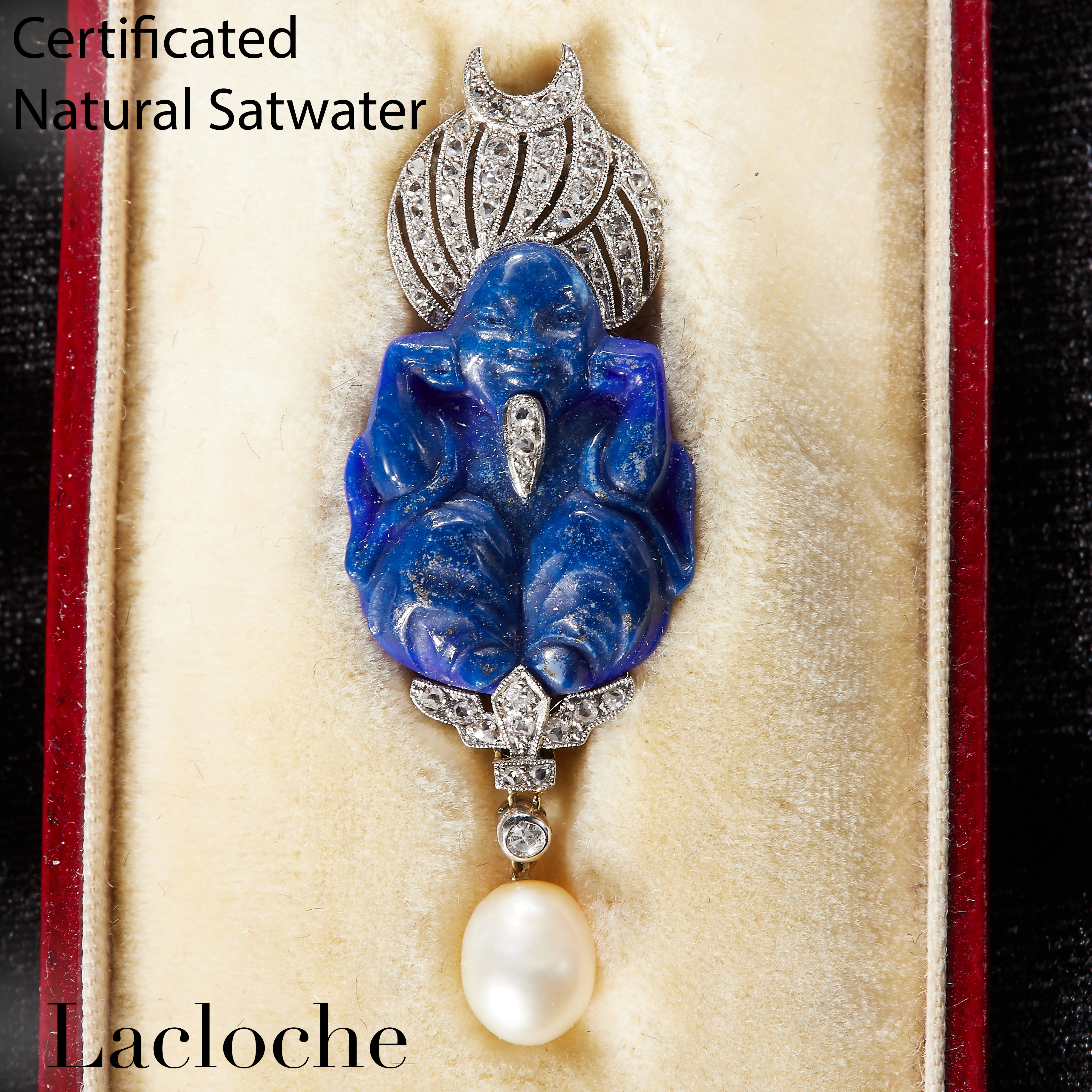 LACLOCHE FRERES, CERTIFICATED NATURAL SALTWATER PEARL, DIAMOND AND LAPIS LAZULI BUDDHA BROOCH
