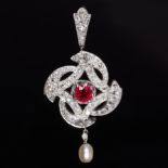 ATTRACTIVE RUBY, DIAMONDS AND PEARL DROP PENDANT