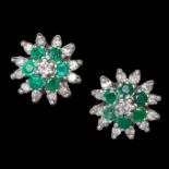 A PAIR OF EMERALD AND DIAMOND CLUSTER EARRINGS