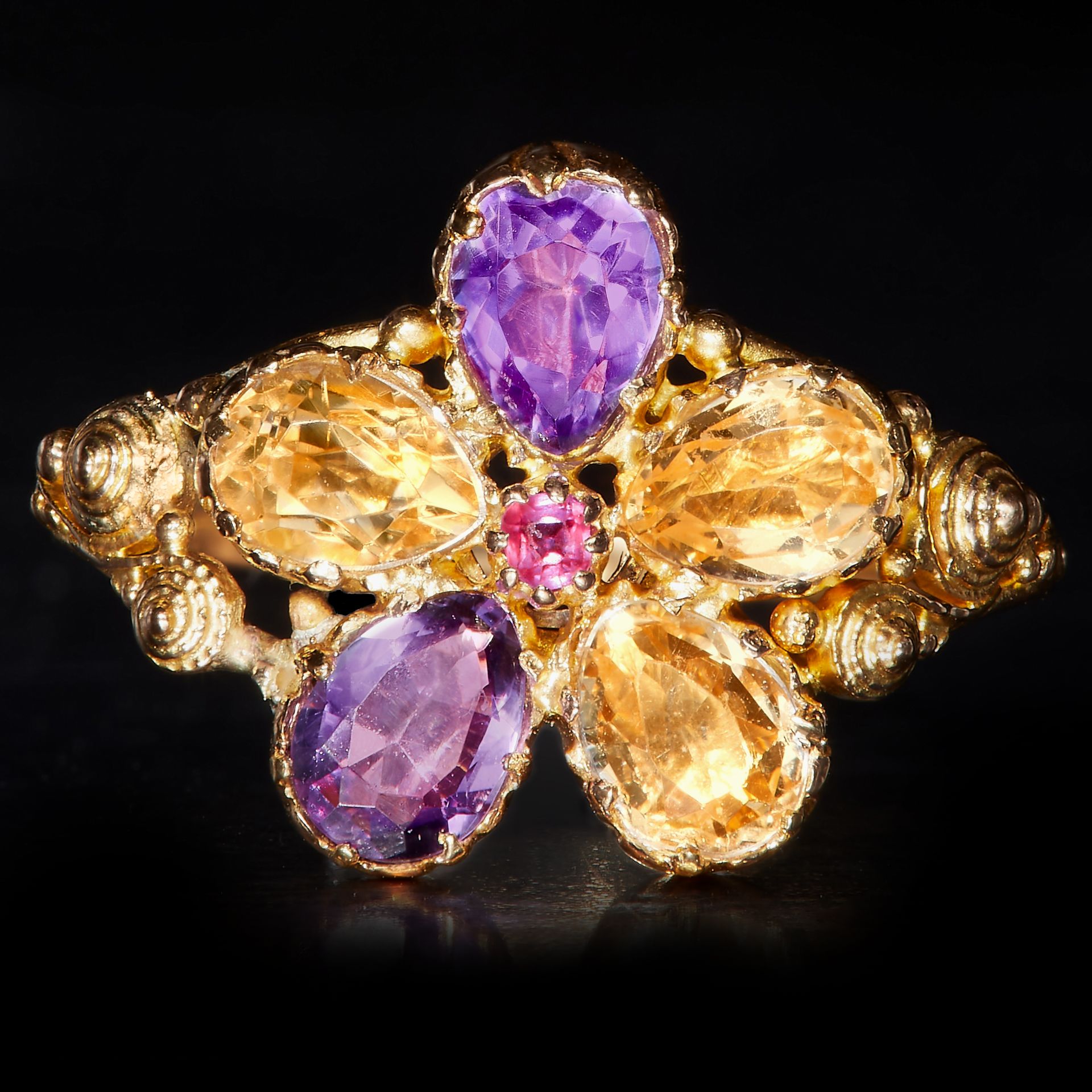 RUBY AMETHYST AND CITRINE FLORAL CLUSTER RING