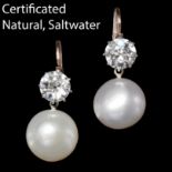 MAGNIFICENTPAIR OF CERTIFICATED NATURAL SALWATER PEARL AND DIAMOND EARRINGS