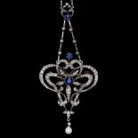 BELLE EPOQUE SAPPHIRE, PEARL AND DIAMOND PENDANT BROOCH