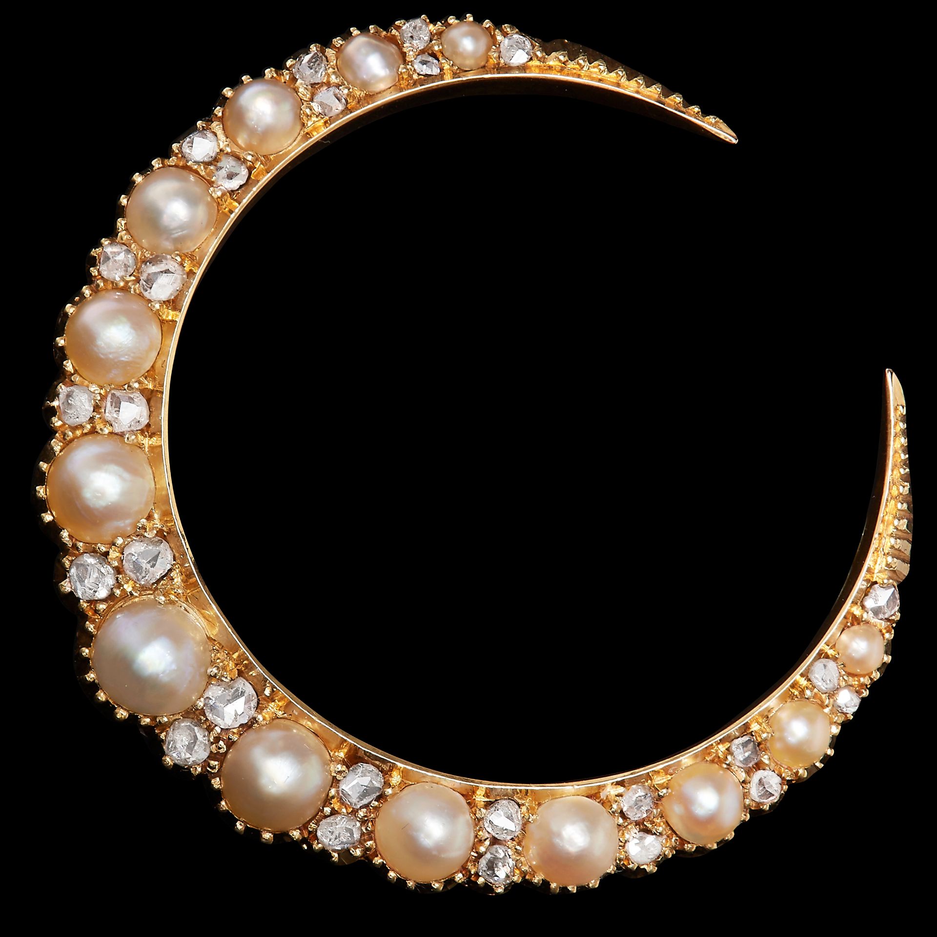 VICTORIAN PEARL AND DIAMOND CRESCENT BROOCH