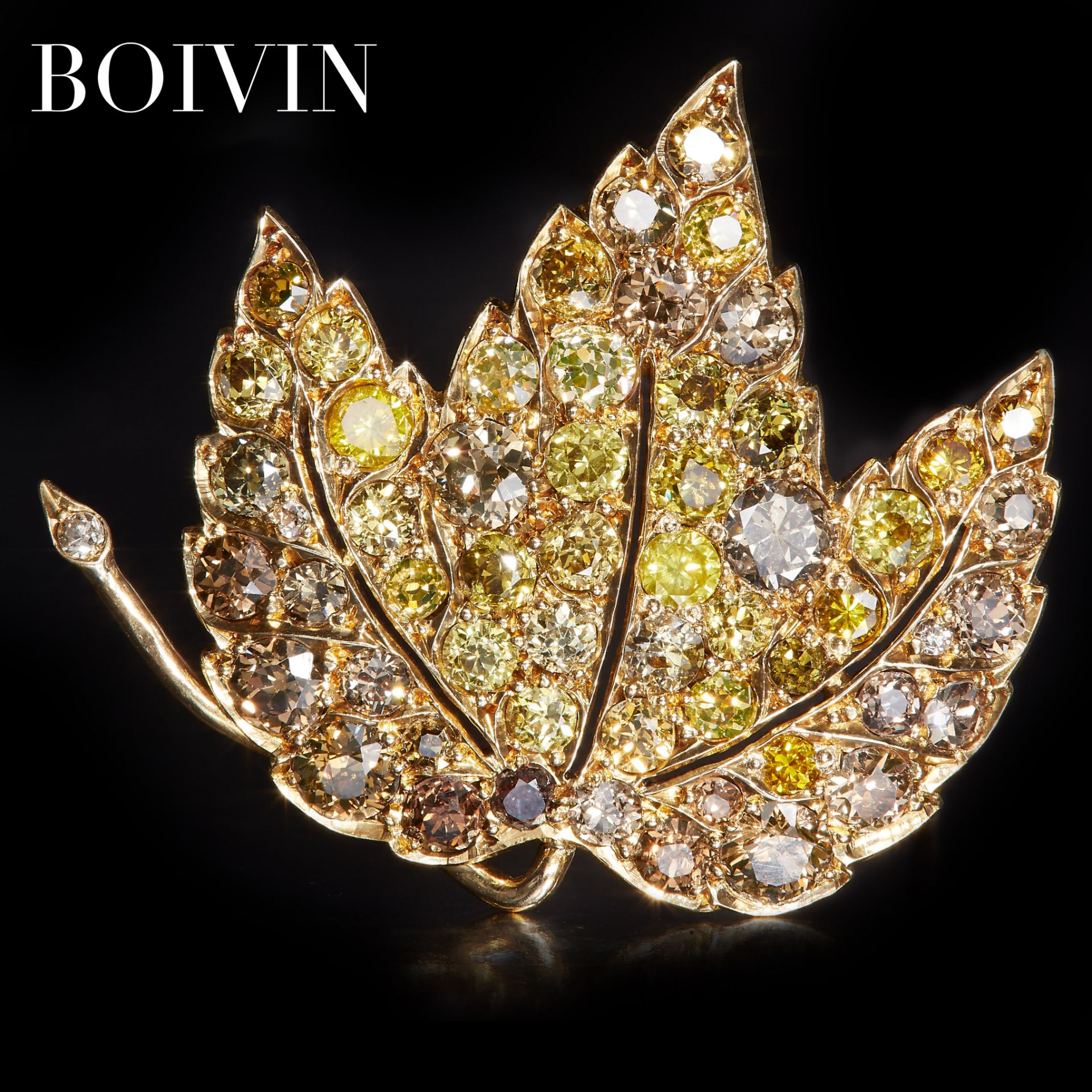 RENE BOIVIN, IMPORTANT COLORED DIAMOND LEAF BROOCH/PENDANT