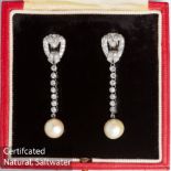 PAIR OF ART-DECO CERTIFICATED NATURAL SALTWATER PEARL AND DIAMOND DROP EARRINGS